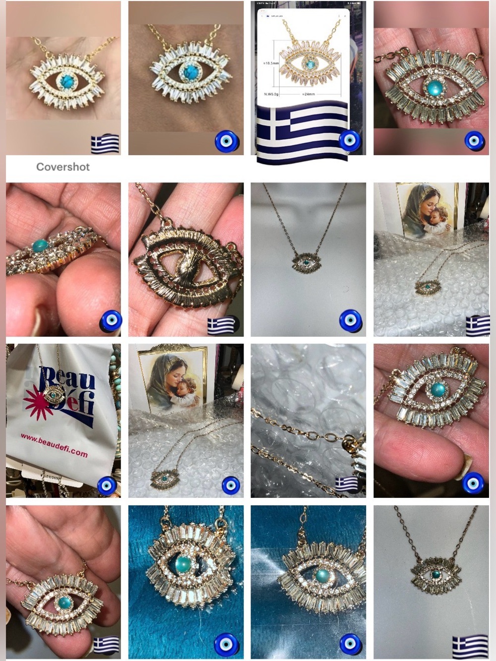 Greek EVIL EYE BLESSED CRYSTAL AQUA Glass center NEW GOLD TONE NECKLACE